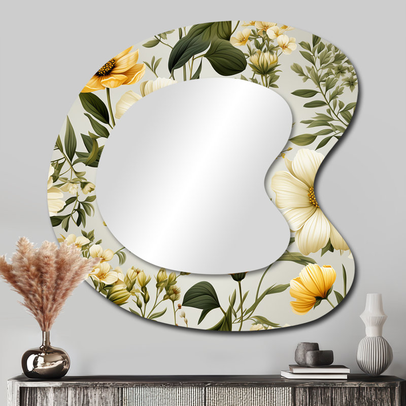 Botanical Neutrals Boho Pattern - Boho Asymmetrical Unique Wall Mirror, Bohemian Unique Shape Mirror, Printed Metal Art