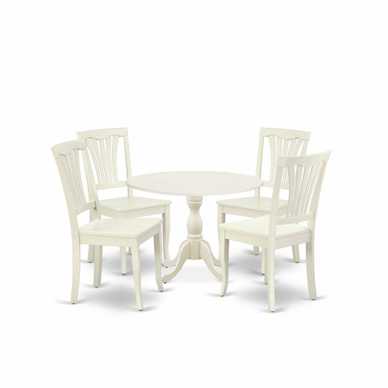 5 Piece Modern Dining Table Set Includes a Round Wooden Table with Dropleaf and 4 Dining Chairs, Linen White, Linen White