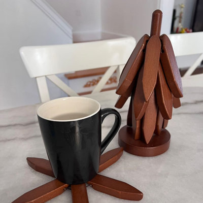Wooden Tree Trivets Set of 4 Coasters & 1 Stand, Coasters for Pots Cups Glasses Bowls, Easy to Use And Care