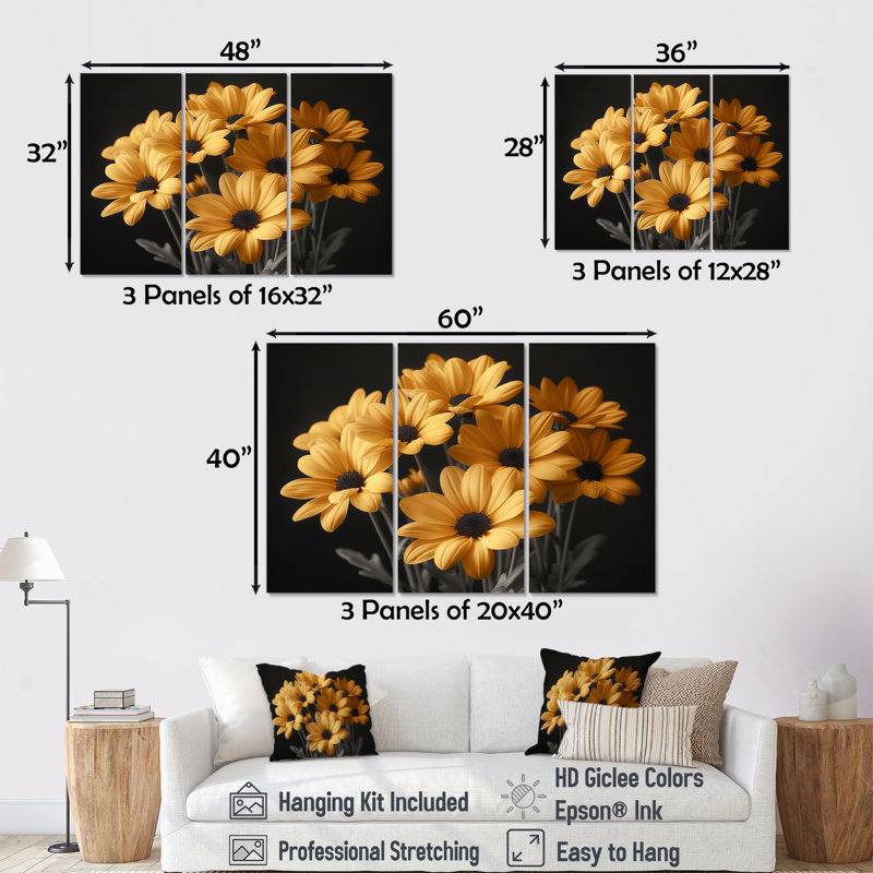 «Yellow Mums», art mural jaune, H 28 po x l 36 po x P 1 po