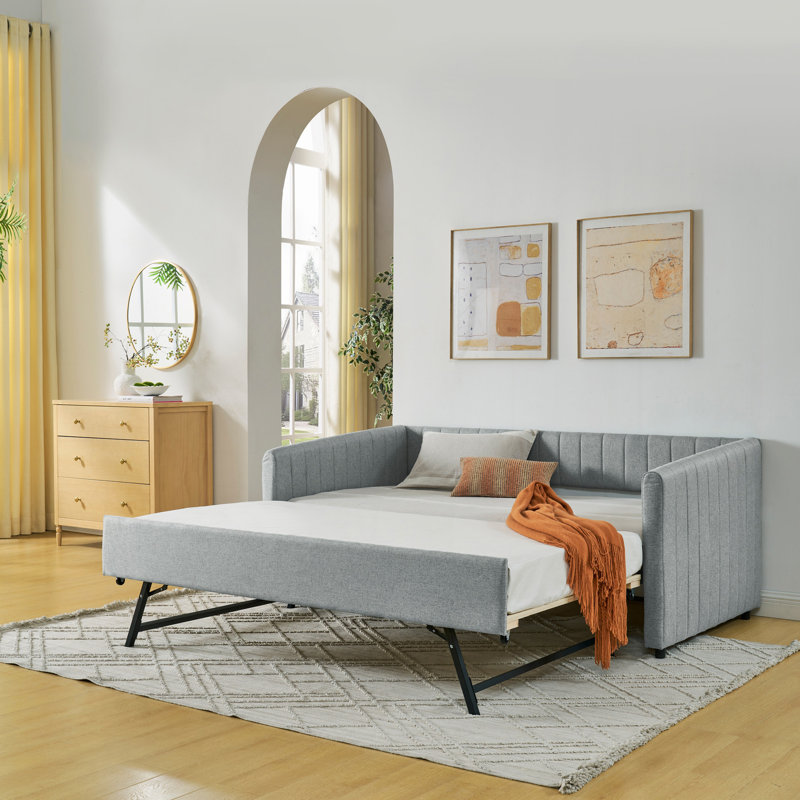 Lit de jour simple avec canapé-lit tapissier, avec rayures verticales, tissu en lin, gris (82,5 po x 43 po x 30 po)