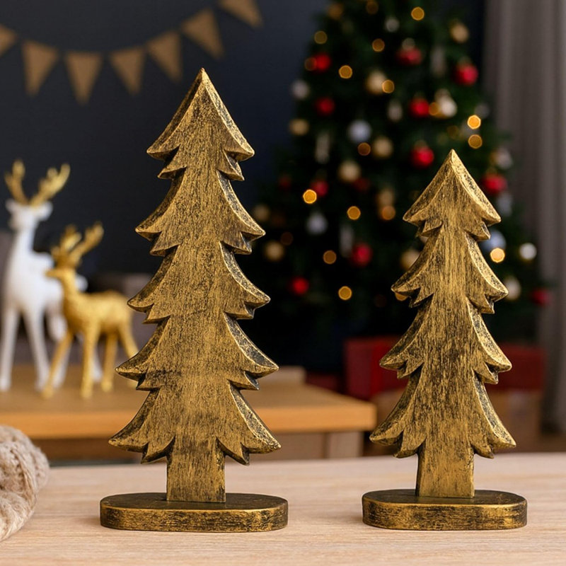 Ensemble de 2 figurines de sapin de Noël - doré - bois / table rustique et centre de table de cheminée / décoration de Noël rétro