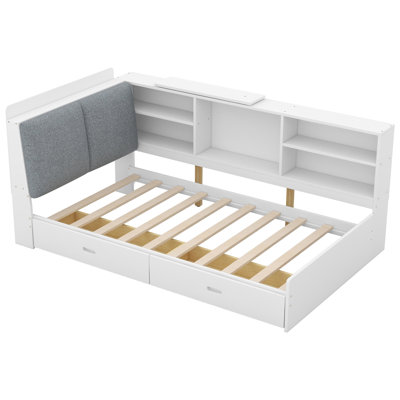 Platform Bed With Storage Headboard, Built-In Bookshelf And 2 Drawers, Wood Bed Frame With Upholstered Backrest And Pull-Out Bed, Upholstered Platform Bed, Multi-Functional Bed Frame, Heavy Duty Bed With No Box Spring Needed, For Bedroom, Gray And White