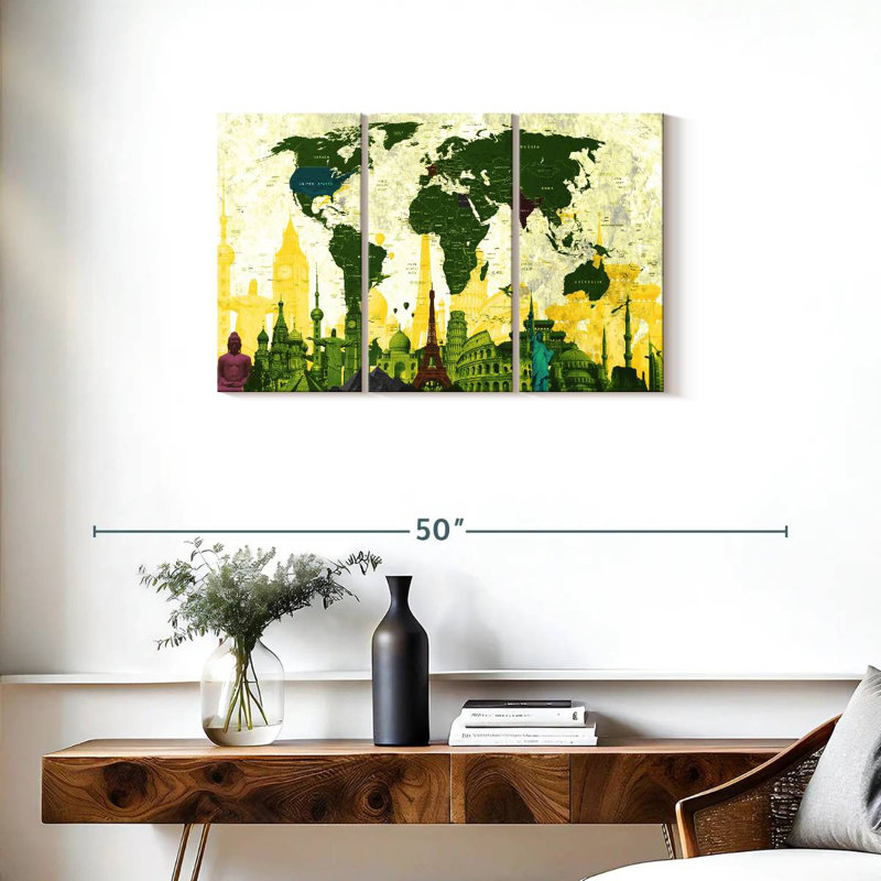 Aliaz Country Landmarks World Map, 20" H x 33" W