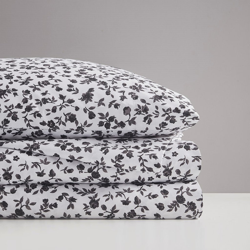 Queen Black Floral Microfiber Sheet Set