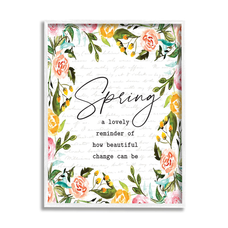 «Cheerful Spring», typographie citation florale, encadrement noir, estampe numérique texturée par lettrage et doublure
