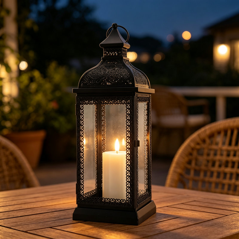 Glass & Metal Tabletop Lantern, 46cm H x 15cm W x 15cm D, Black