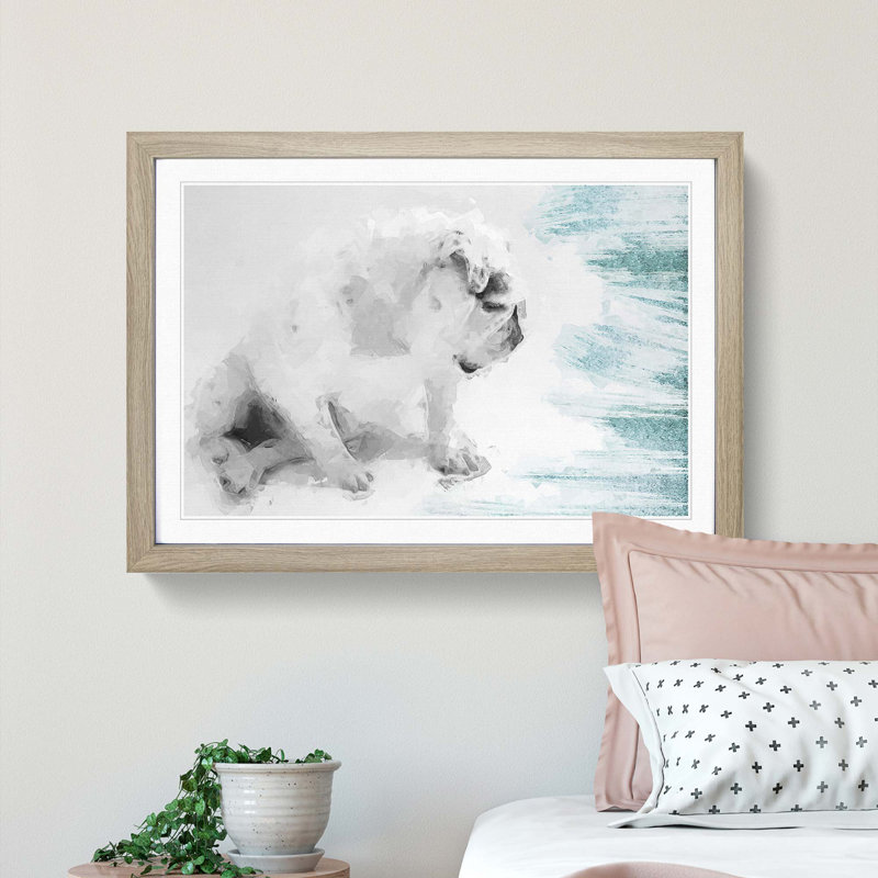 White British Bulldog Profile in Abstract - Picture Frame Painting Print, Oak, 35cm H x 50cm W x 2cm D