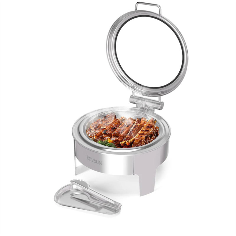 6 réchauds ronds 6 pte avec couvercle en verre et pince de service, Argent argent