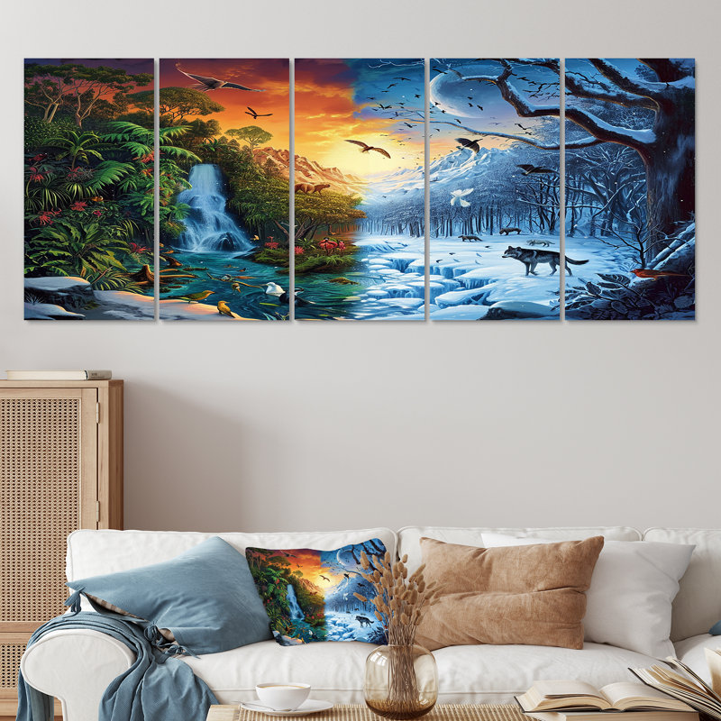 5 pièces, art mural pour la rivière Equinox Spring Waterfall Winter Snow - River, H 32 po x l 80 po