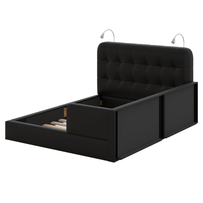 Upholstered Platform Bed With Reading Lights, Black
