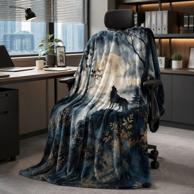 Plaid en peluche douce et légère, motif forêt et loup au clair de lune, idéal pour canapé, lit, chambre à coucher, salon et décoration intérieure.