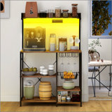 HOMCOM Baker's Rack with Power Outlet and LED Lights, Bakers Racks for Kitchens with Storage, Industrial Microwave Stand with Glass Holders, Metal Basket, Multiple Shelves, Rustic Brown