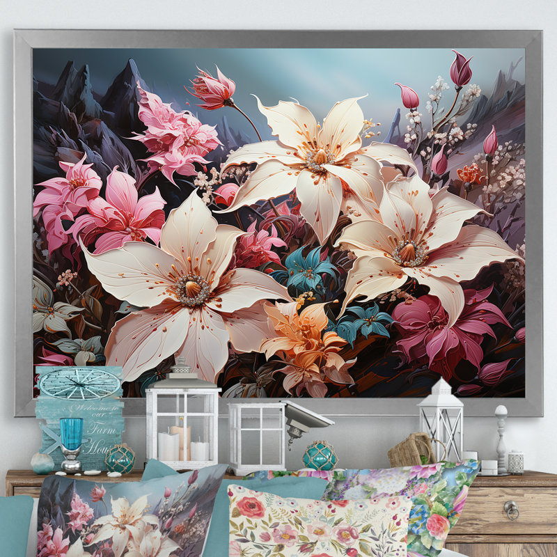 Aquarelle, charme de poinsettias roses I, Cadre simple argenté, H 16 po x l 32 po x P 1 po