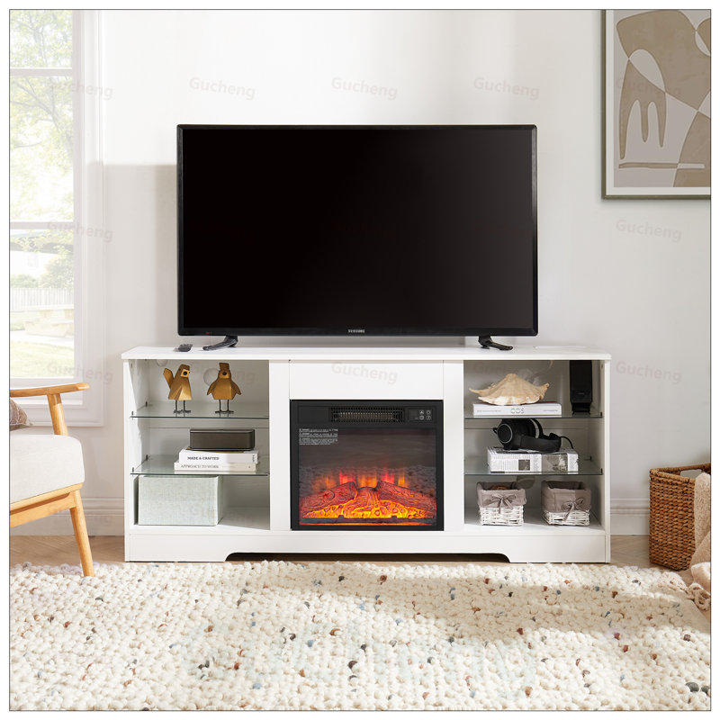 Meuble télé avec foyer électrique, tablettes en verre, lumières DEL, charge USB et télécommande pour une vie moderne