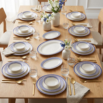 Athenian Stripe Royal Blue Porcelain Dinnerware Set (53-Piece Service for 12)