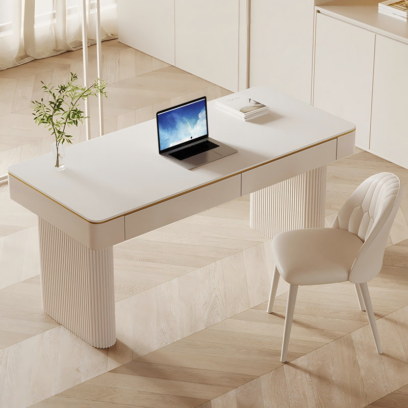 White rectangular Sintered Stone Desk,2-drawer, 29.53" H x 39.37" W x 19.69" D