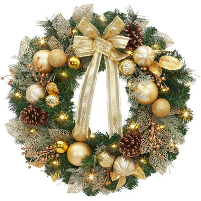24-Inch Gold Bow Wreath – Battery-Powered, Cones & Ornaments for Front Door Display