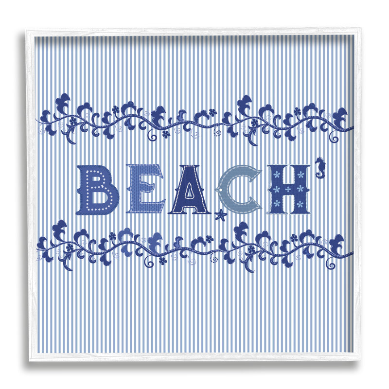 Bb-436-encadré rayé «Beach Letters» encadré sur bois par Sharon Lee, Giclée encadrée blanc bord de mer
