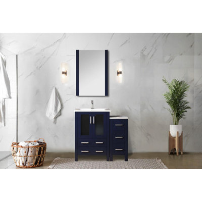 36 po W Meuble-lavabo simple bleu marine, comptoir en céramique blanche, robinet et grands tiroirs bleus avec fonction de fermeture en douceur incluse