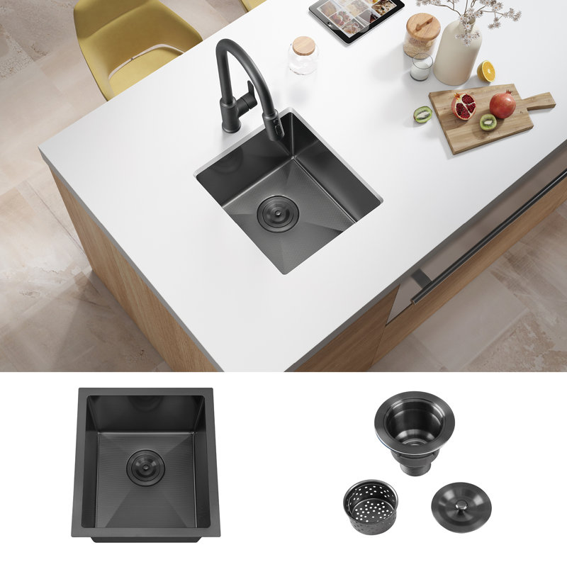 Attop Handmade Nano Black Stainless Steel Scratch-Resistant 15 Inch Single Bowl Undermount Kitchen Basin With Strainer