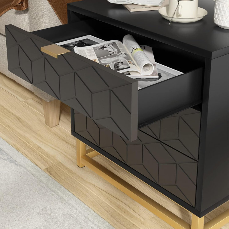 Commode 3 tiroirs noire avec poignées dorées