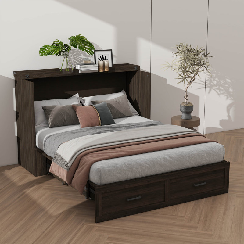 Grand lit escamotable style ferme avec station de charge, lit plateforme pliable avec grand tiroir de rangement pour chambre d'amis