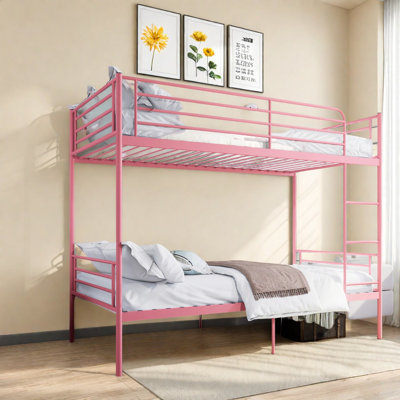 Lits superposés en métal gain de place, fini rose, avec rangement et conception séparable polyvalente