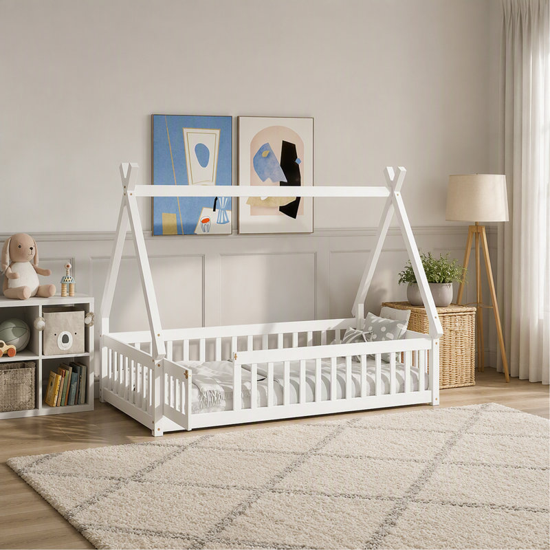 Lit simple en forme de tente, lit tipi avec garde-corps, lattes et porte, blanc, Blanc