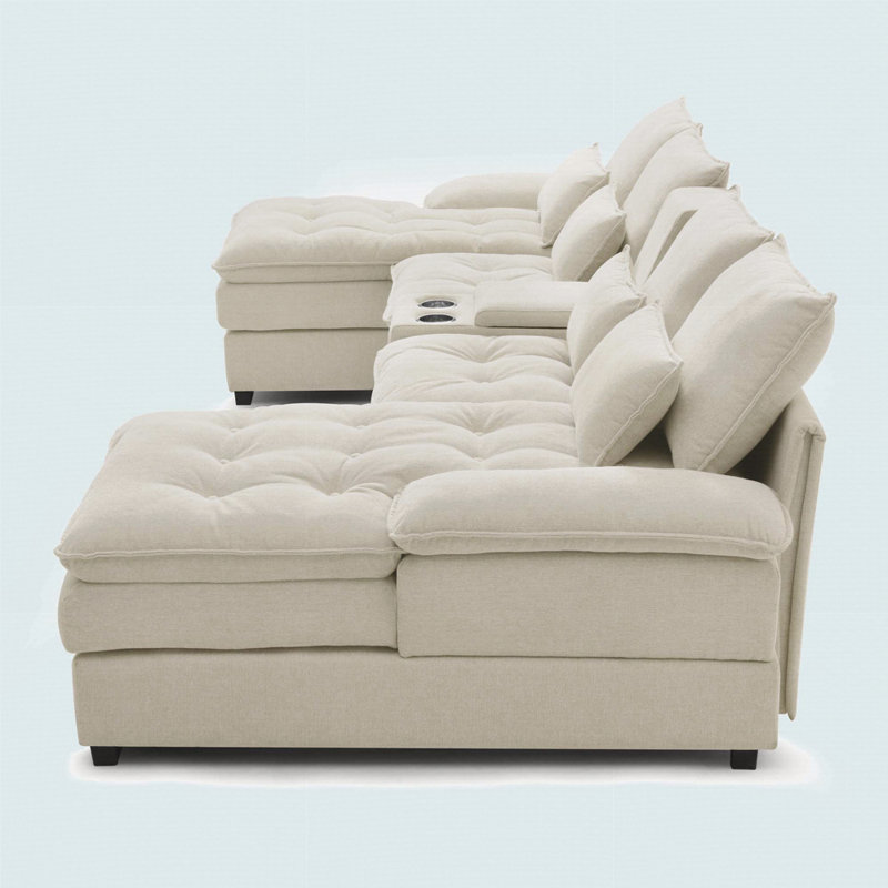 130" U-Shaped Sofa With Console, Cupholders, 6-Seat Upholstered Primary Living Space Furniture, Sleeper Couch Set With Chaise