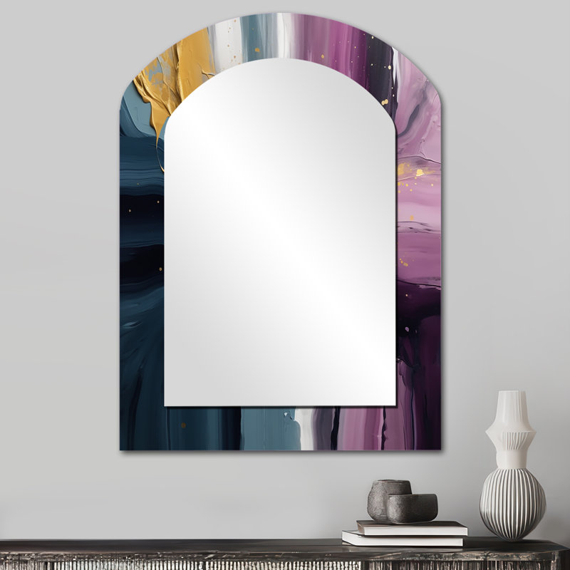 Mauve et bleu mouvements en peinture II - peinture abstraite arche de miroir mural unique, grand miroir asymétrique mauve, art imprimé en métal
