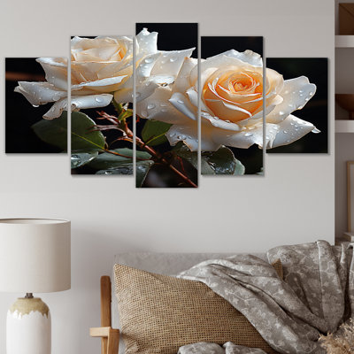 White Roses Romantic Impression I - Art mural sur toile florale - 5 panneaux
