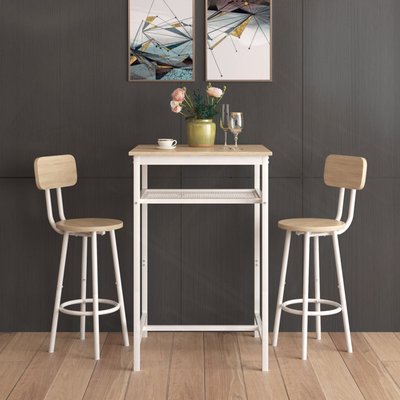 Bar Table, Equipped With 2 Bar Stools, With Backrest And Partition, White Oak/White