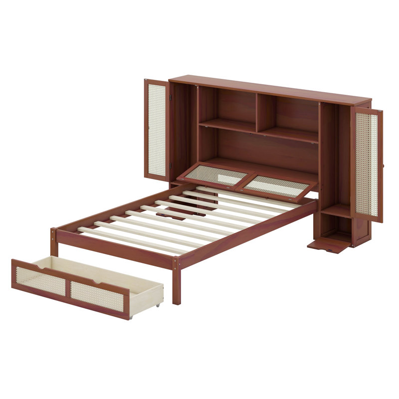 Lit simple en bois avec deux casiers de rangement, un tiroir et une tablette de rangement sur la tête de lit, Noyer