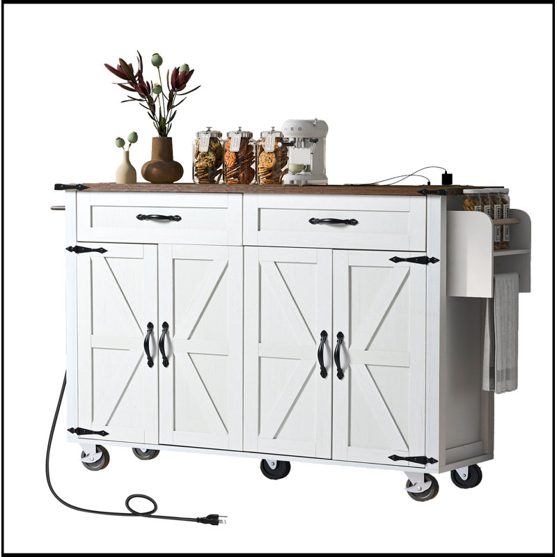 53.5 Inch Farmhouse Kitchen Island with Power Outlet, Spacious Storage, Drop Leaf, and Rolling Wheels for Versatile Use in Home Kitchens