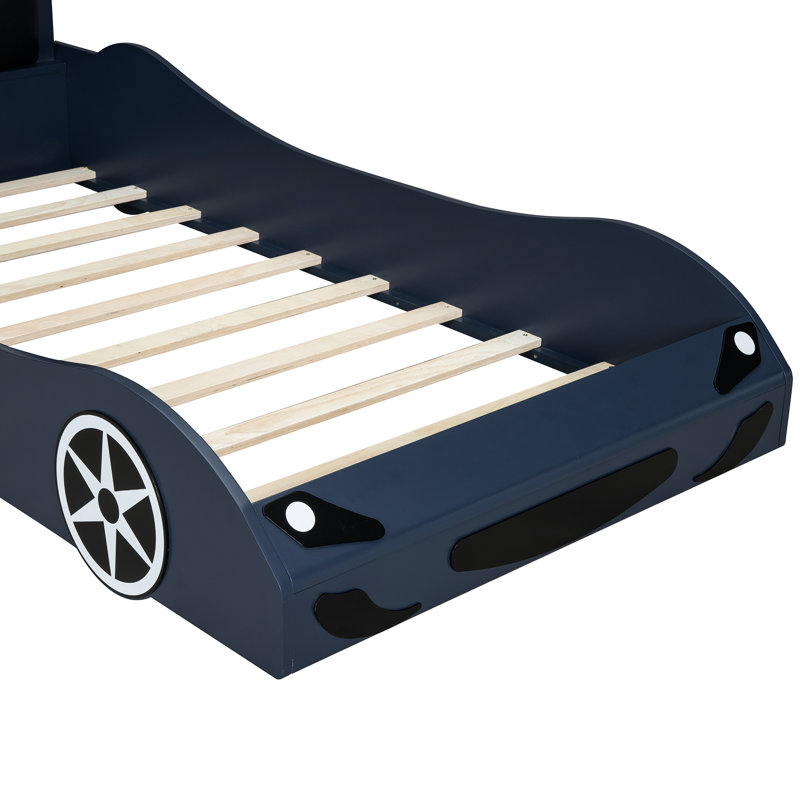 Lit plateforme simple en bois en forme de voiture de course avec support à DEL et rembourré - dossier de soutien en forme de voiture Glow Support