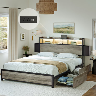 Antioch Bed Frame with 2 Underbed Drawers & 2 Bedside Drawers, Modern Bed with Charging Station & LED Light