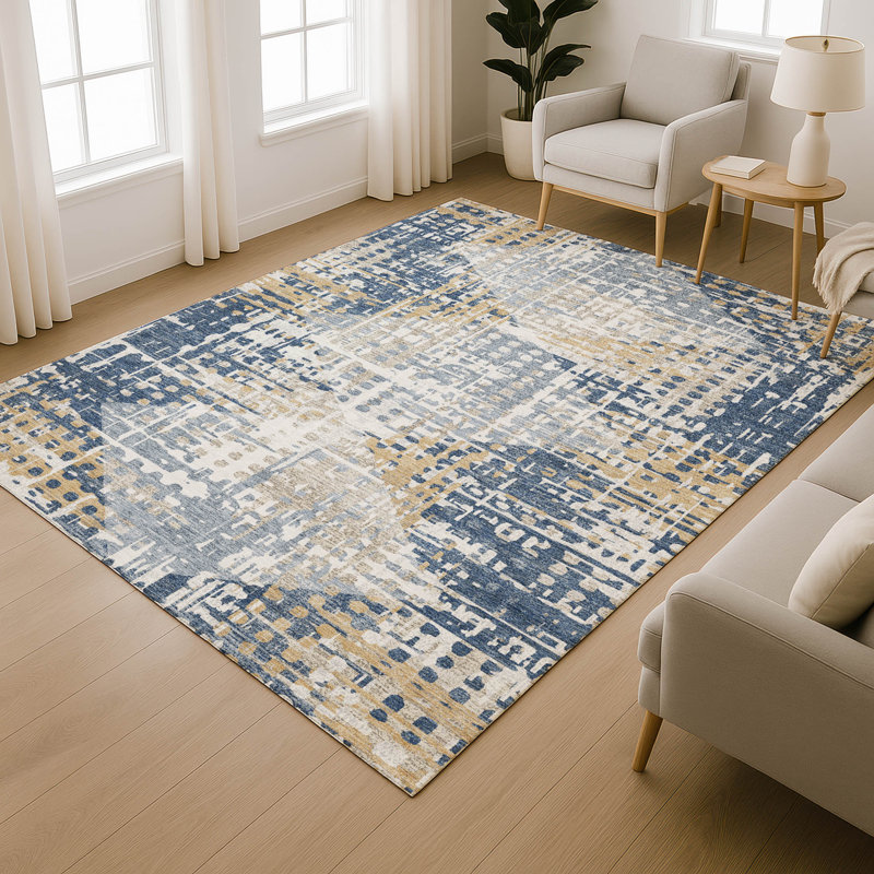 Premium Machine Washable Mayfield AMF2116 Geometric Rug, Navy, 10' x 14'