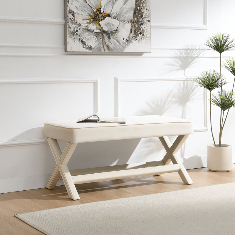 Double banc Comfort recouvert de tissu de velours, tabouret avec pieds élégants en X, coussin confortable avec passepoil, velours beige