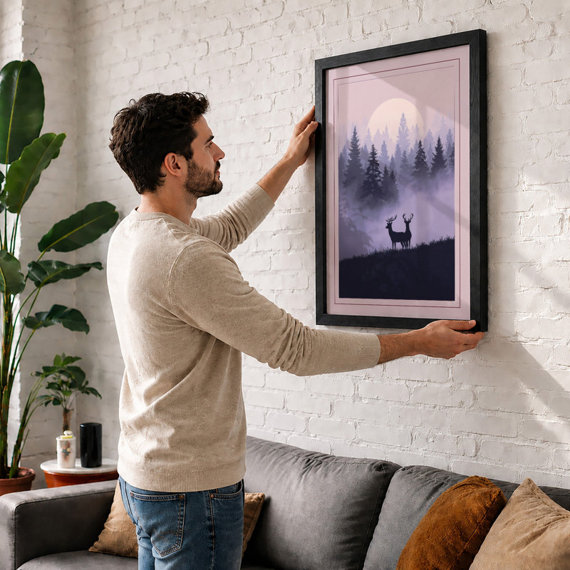 Deer Under Moonlight Scandinavian - Framed Print, Walnut, A4 - 29.7 x 21.0 cm
