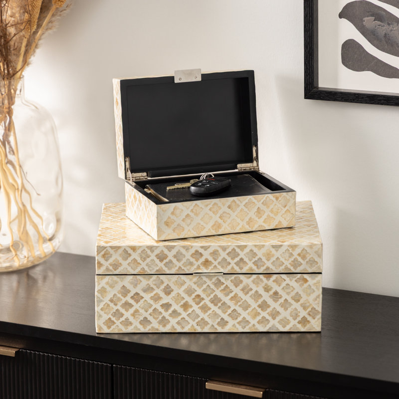 2 Piece Handmade Decorative Box Set, Distressed Beige