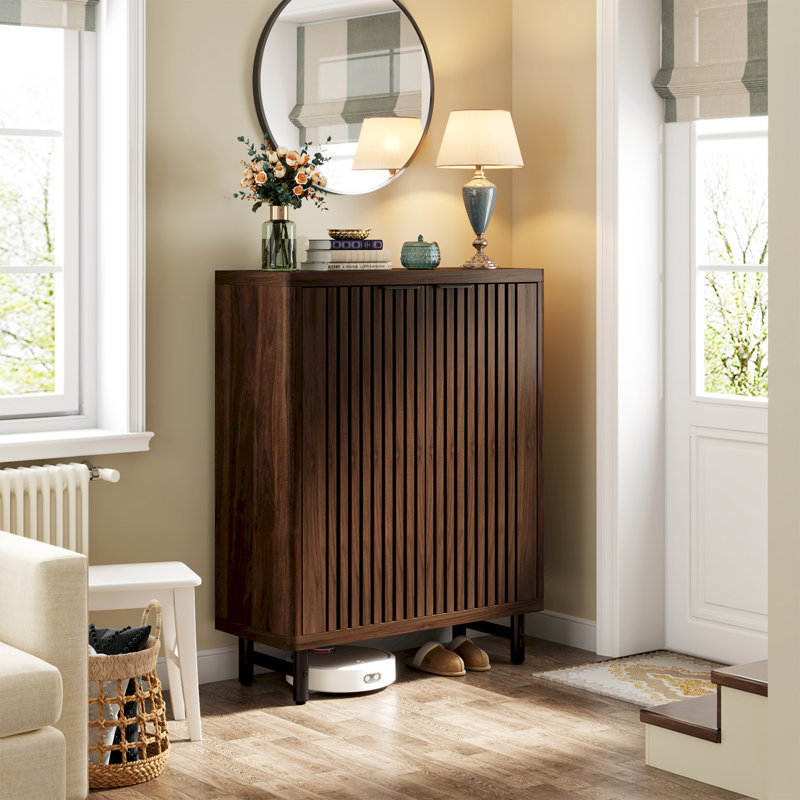 24 Pair Shoe Storage Cabinet with 2 Shutter Doors, Dark Walnut