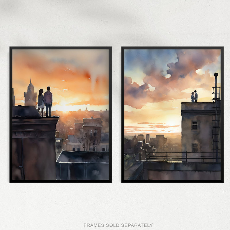 Rooftop Romance Watercolour Cityscape - 2 Piece No Frame Print Set