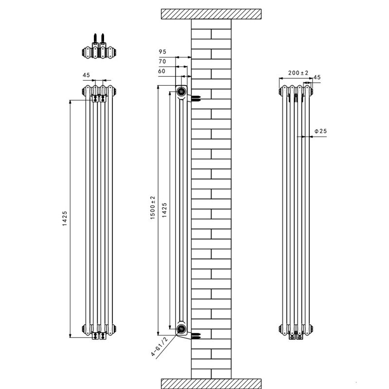 Brunner Vertical Traditional Column Radiator, 1500mm H x200mm W x 70mm D