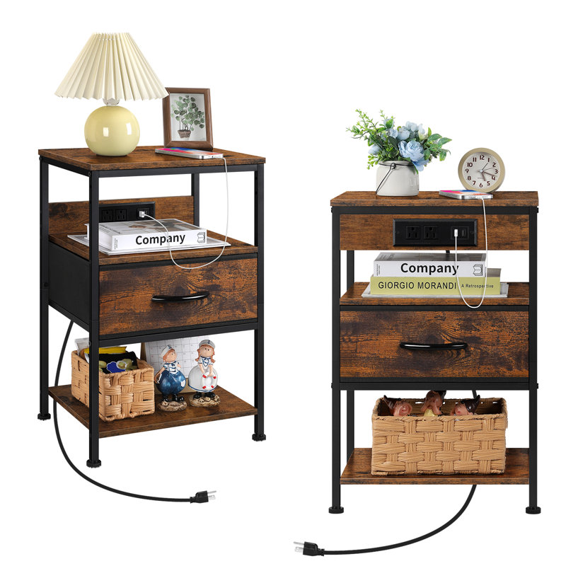 Ensemble de 2 tables de chevet rustiques avec station de charge, tables de bout avec tiroir en tissu et tablettes ouvertes, tables d'appoint