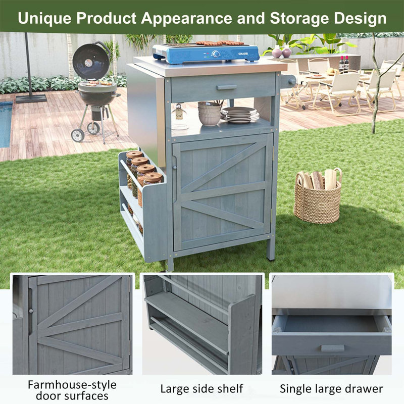 Melisandre 40.5" Outdoor Grill Cart Potting Bench Table With Drop Leaf Stainless Steel Top, Blue Gray