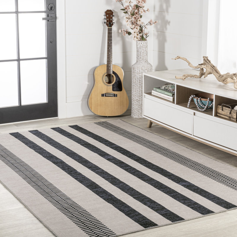 Elvin Geometric Striped Machine-Washable Ivory/Dark Gray Rug, Rectangle 2'11" x 5'