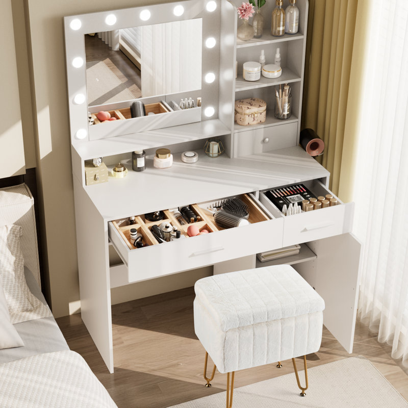 Lumina Makeup Vanity Desk and Stool Set with LED Lighted Mirror & Power Outlet & 3 Drawers, 1 Cabinets, White