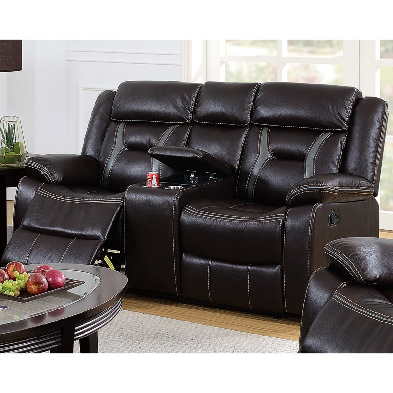Canapé 2 pièces moderne avec fonction inclinable, porte-gobelet et dossier rembourré, couleur brun rosé foncé. Revêtement en similicuir contemporain, capitonnage horizontal, accoudoirs à coussins.