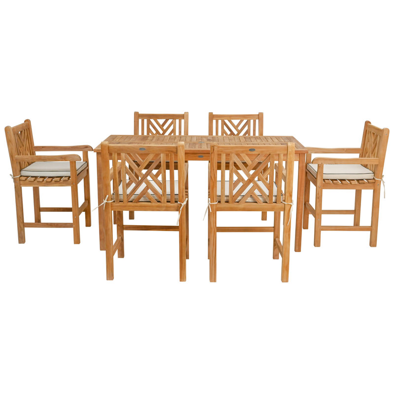 Ensemble de salle à manger 7 pièces rectangulaire en bois de teck 71 po Chippendale comprenant 6 tabourets de comptoir avec accoudoirs